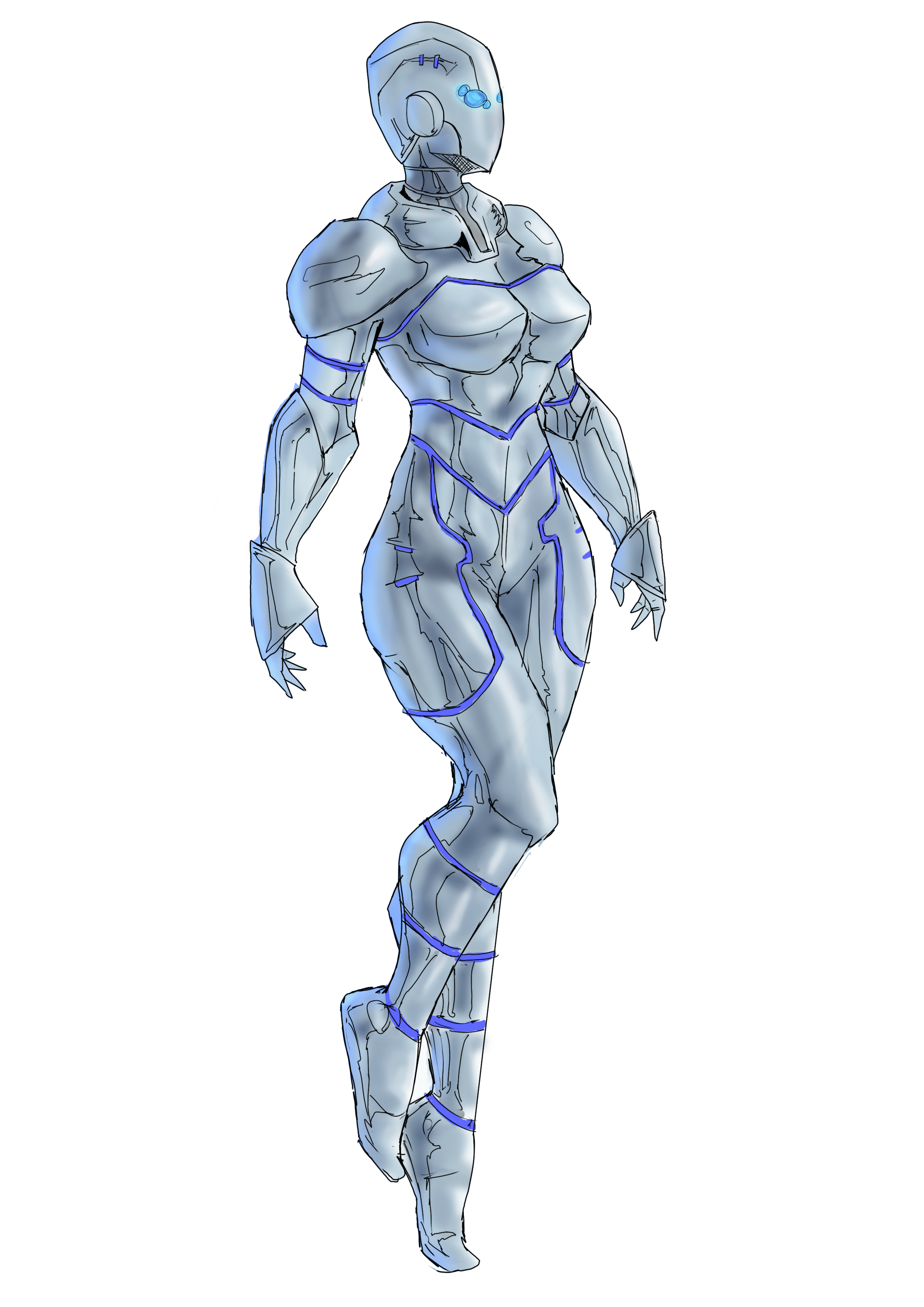 Alien Cyborg character design featuring a sleek humanoid female android with metallic silver armor, glowing blue circuitry lines, and a futuristic sci-fi appearance.
