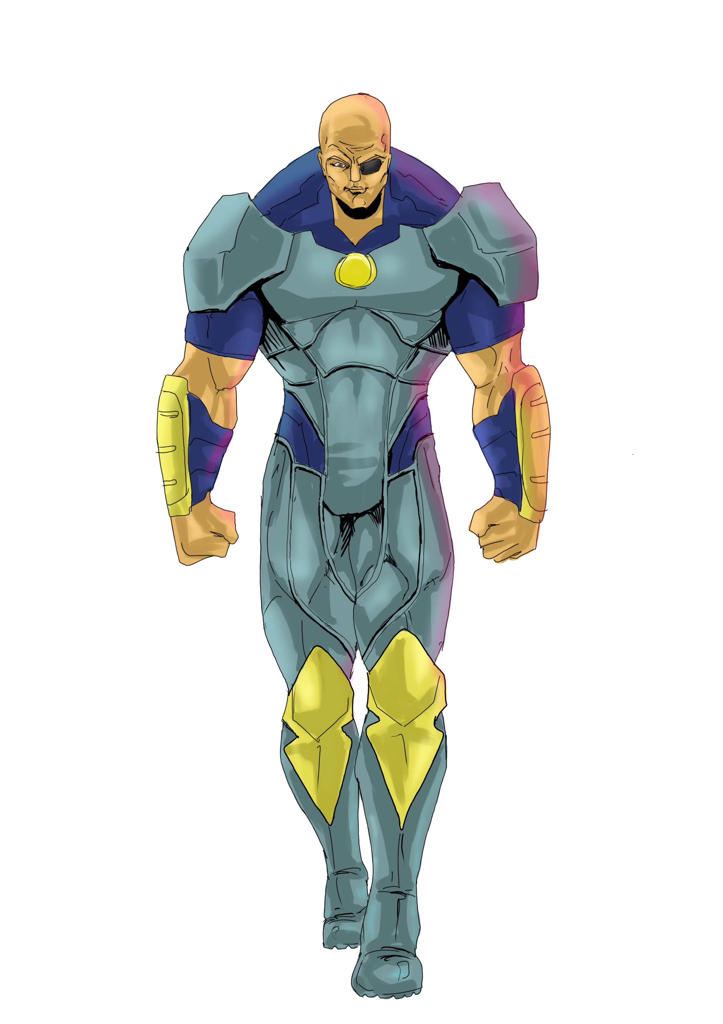 Blokes comic superhero character bald muscular Black man in grey and yellow armored suit with gold emblem chest piece walking forward with an intimidating stance USSA Agent
