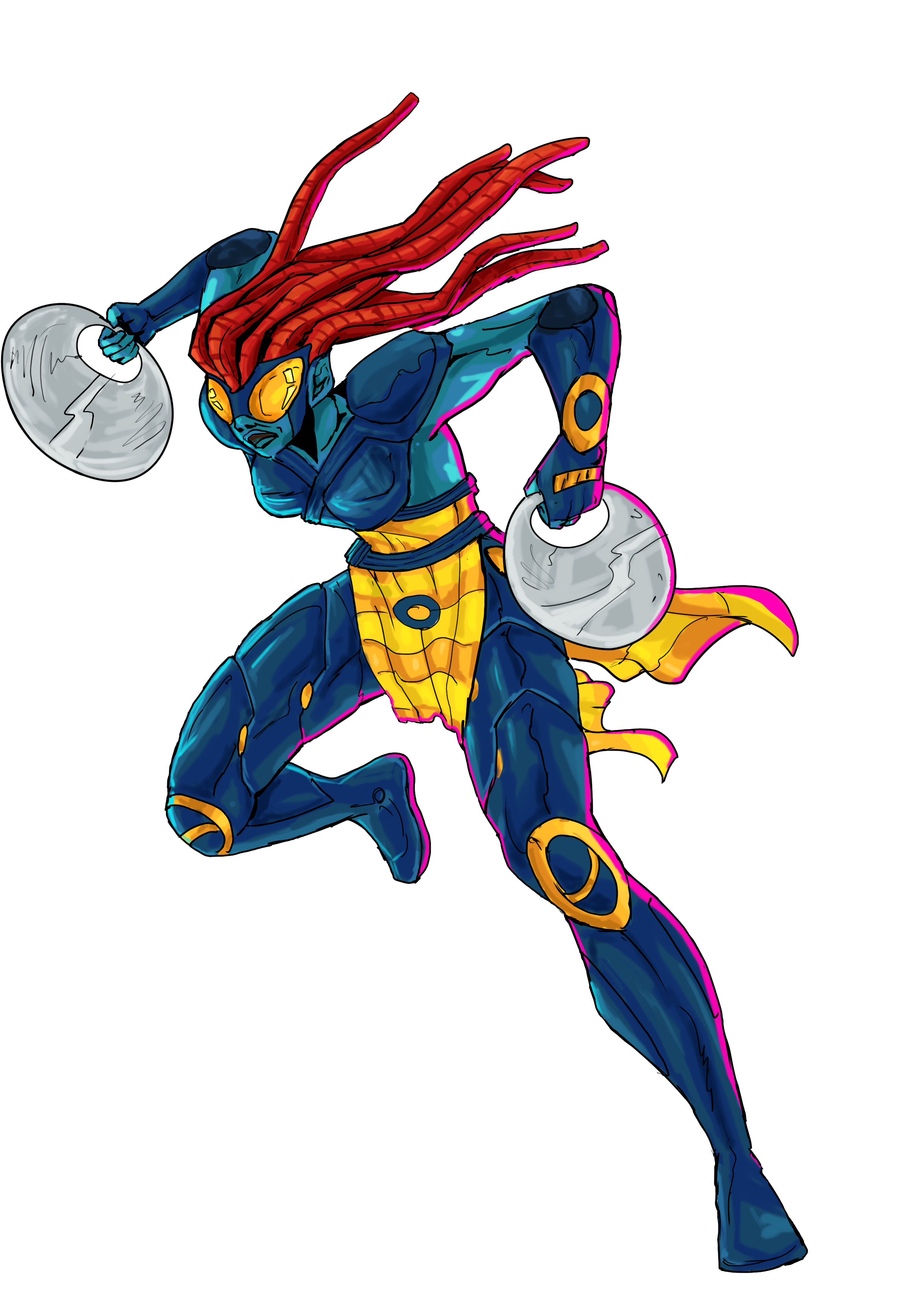Neola Dash comic superhero character in dark blue and gold armored suit with red tentacle hair wielding two circular disc blades in mid-air combat