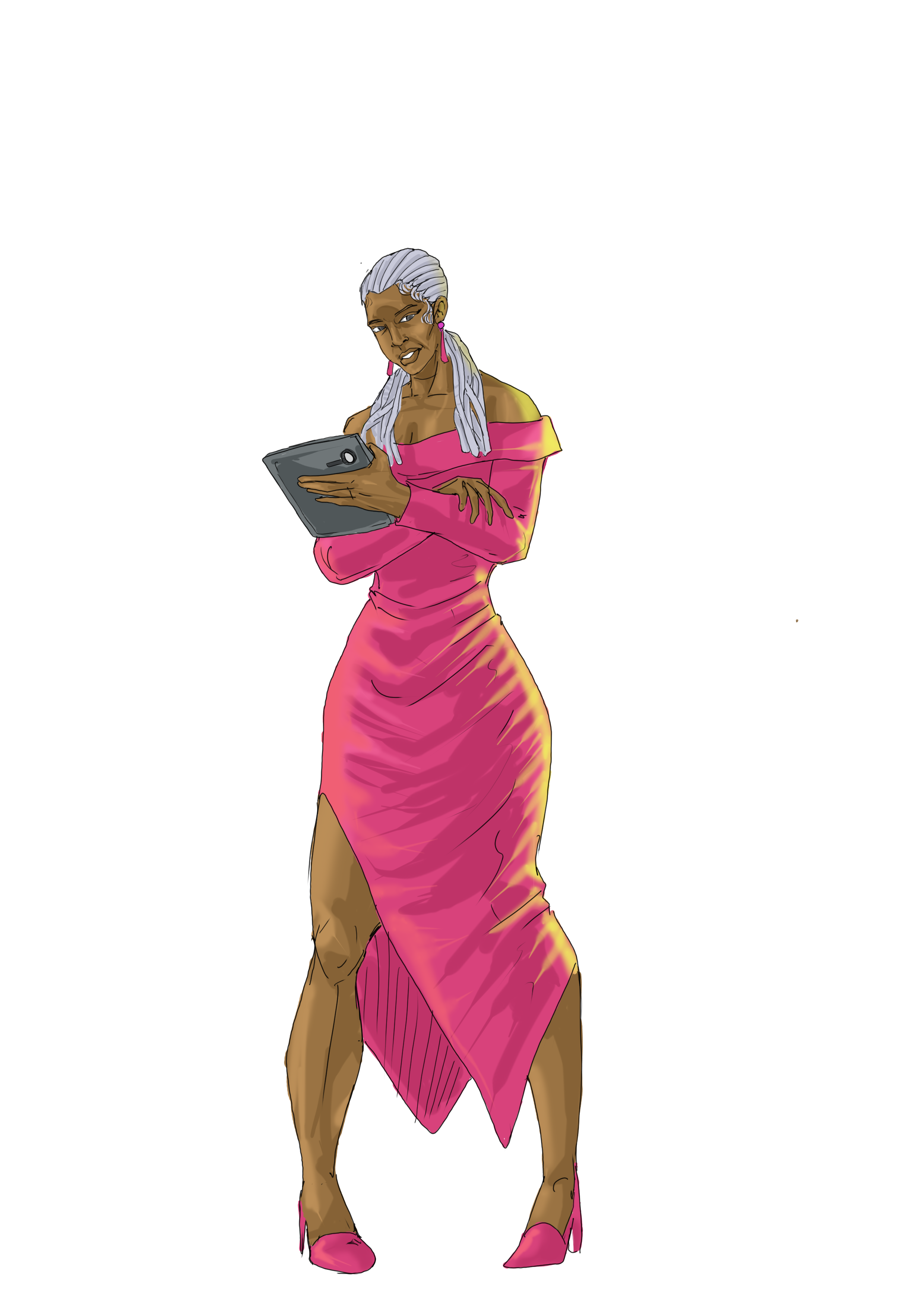 Rita Kayode comic character elegant Black woman in pink off-shoulder gown with silver locs holding a tablet device The reporter and greenguard sister