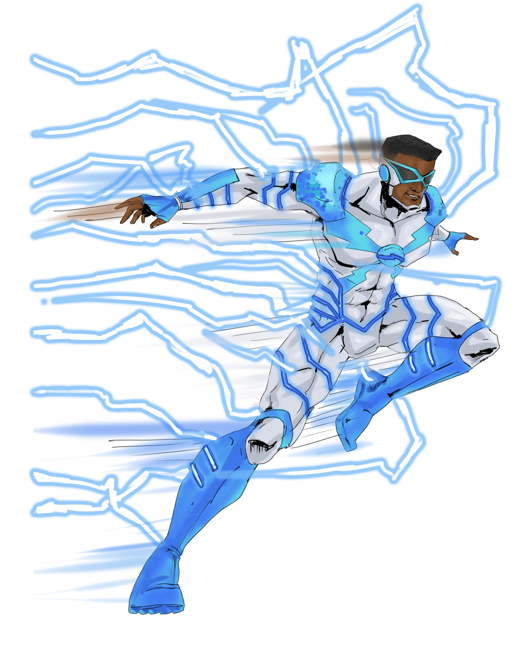 Silverbolt comic superhero character in white and blue lightning suit running at high speed with electric energy bolts surrounding his body
