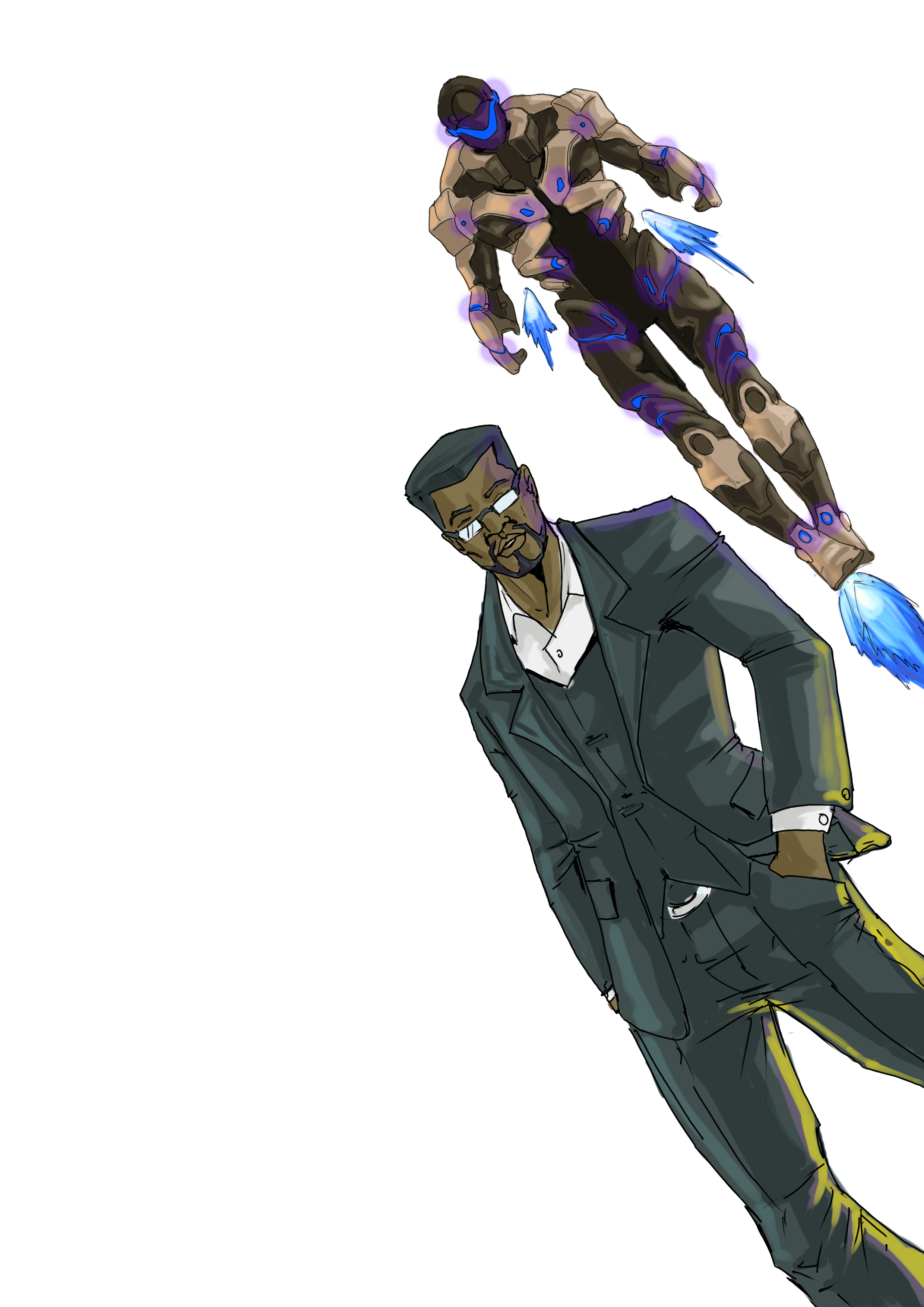 Raymond Malik in a business suit alongside a futuristic armored flight suit equipped with thrusters and advanced technology. The image showcases both the inventor and his powered armor. CTI research head