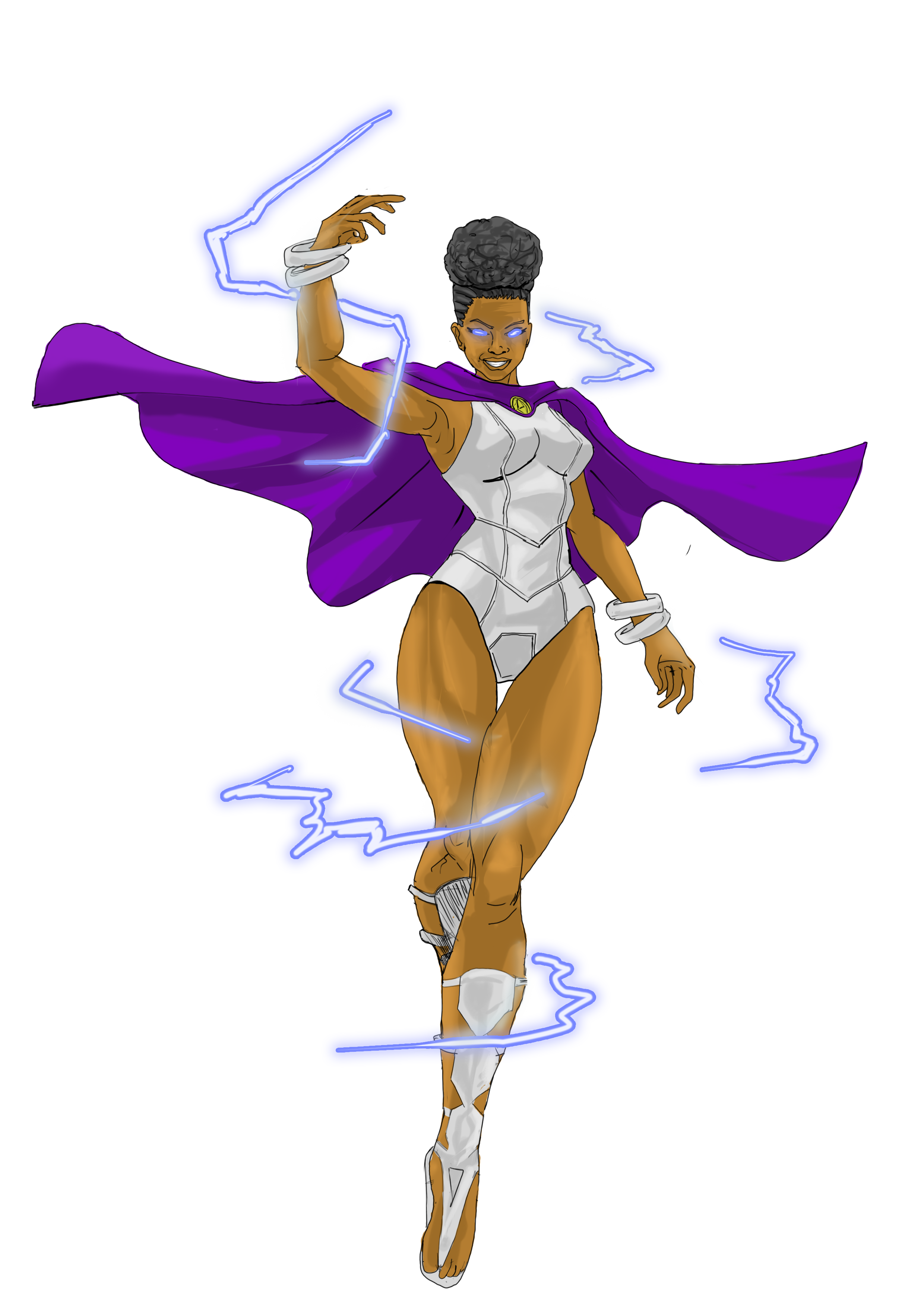 Thunder Maiden floating in a white armored bodysuit and purple cape, surrounded by glowing lightning. Her eyes shine with power as electric energy spirals around her body. A model with magic traditional stone of an african god sango precisely