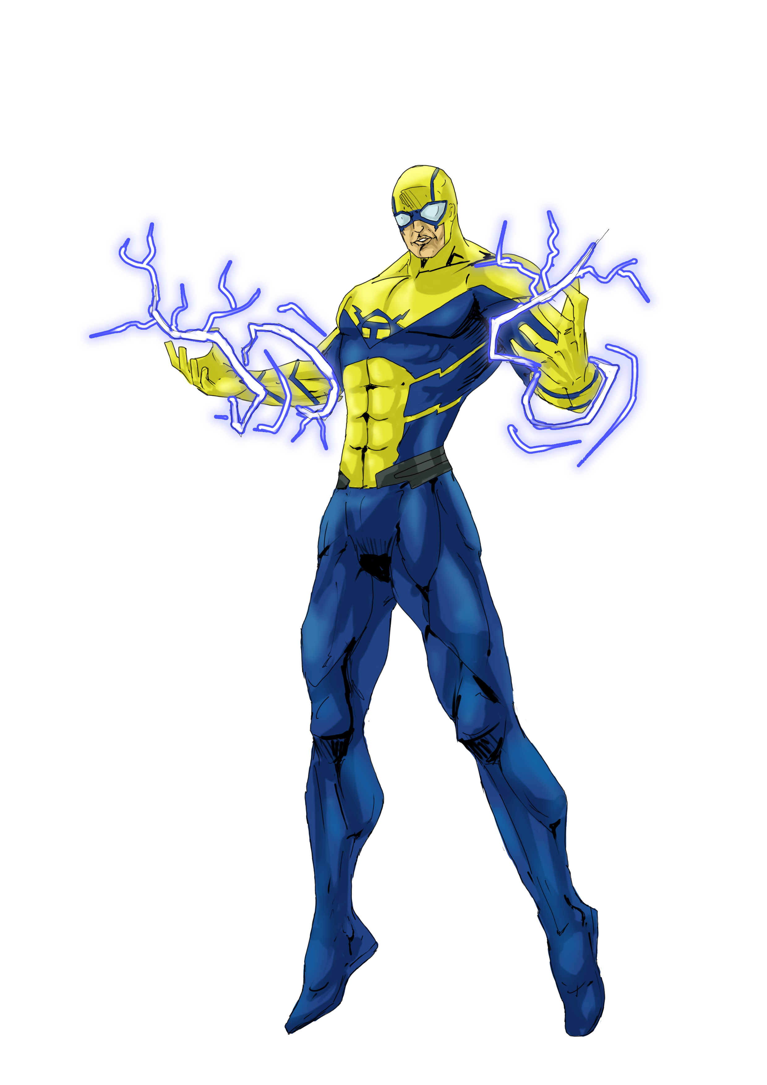TYRAIS standing in a blue and yellow superhero suit while generating crackling blue energy from both hands. The character is posed confidently with glowing power effects surrounding his arms.